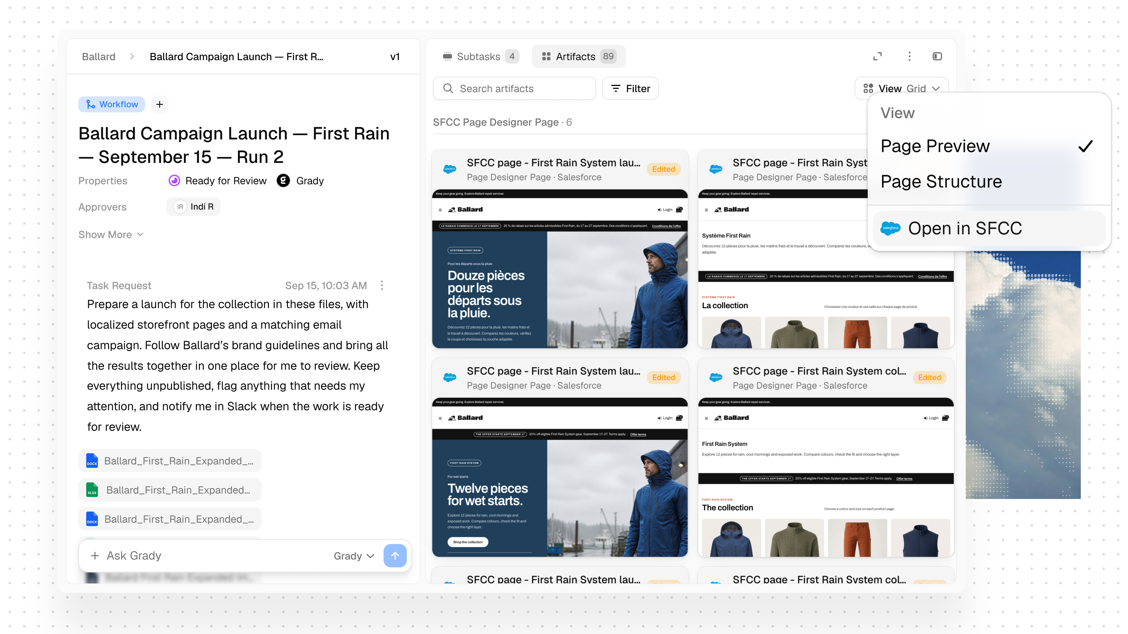 Gradial task workspace showing staged Salesforce Commerce Cloud Page Designer previews ready for review.